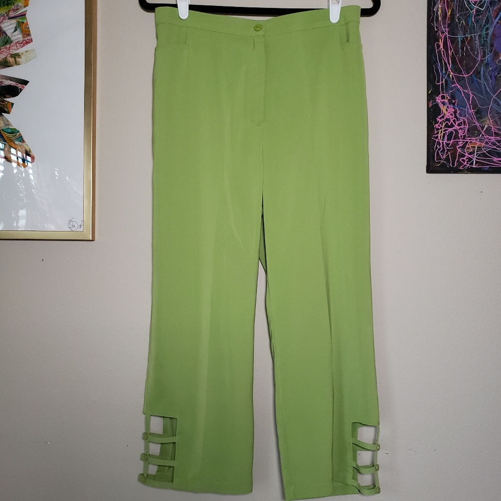 VTG 90s High Waisted Lime Green Capri Dress Pants Cutout Made in USA Sz M/6